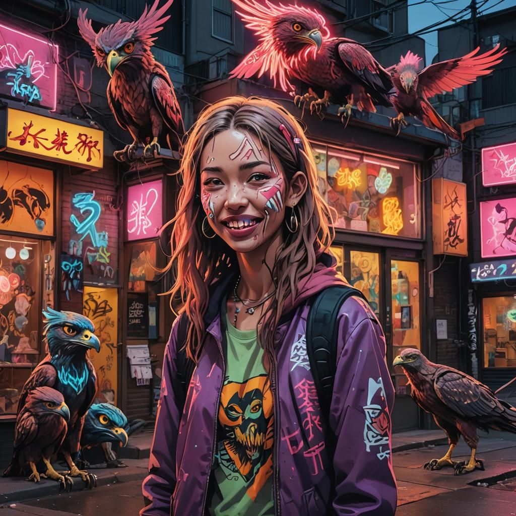 Cyberpunk Street Art: Lavigne's Hawks at Dusk