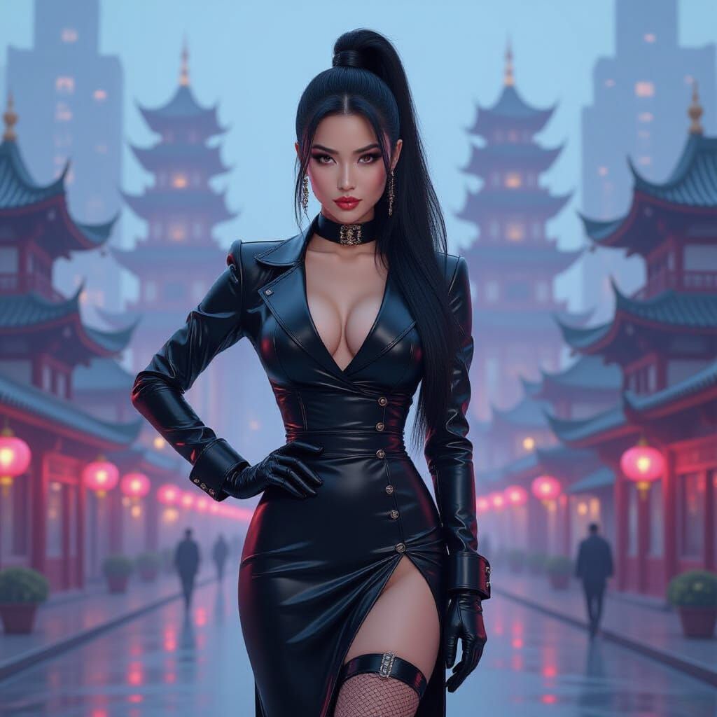 Seductive Traveler in Cyberpunk Cityscape