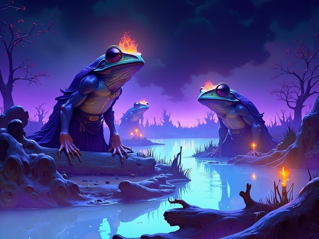 Surreal Alien Marshland at Night, with Human-Like Frogs and ...