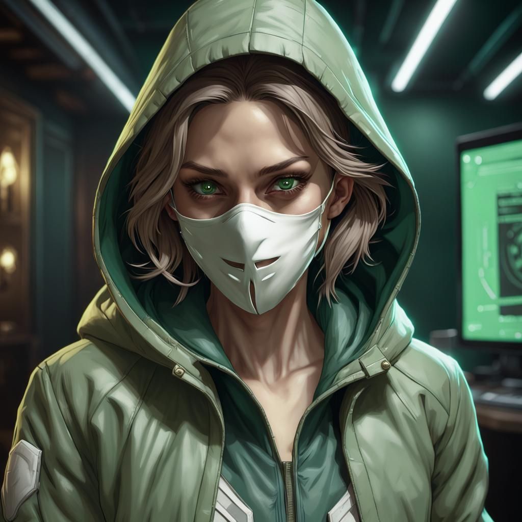 Female Hacker in Mask: Digital Art Portrait