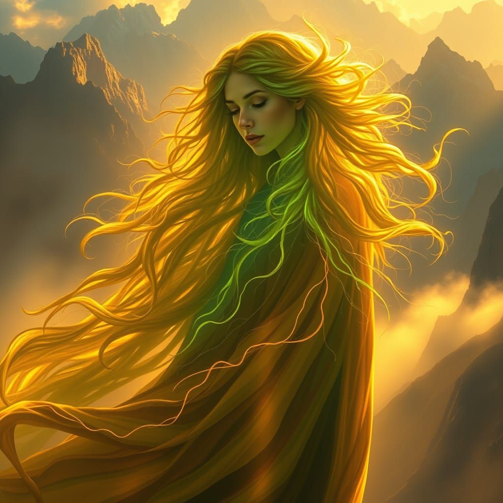 Mountain Goddess with Golden Rivers in Painterly Style