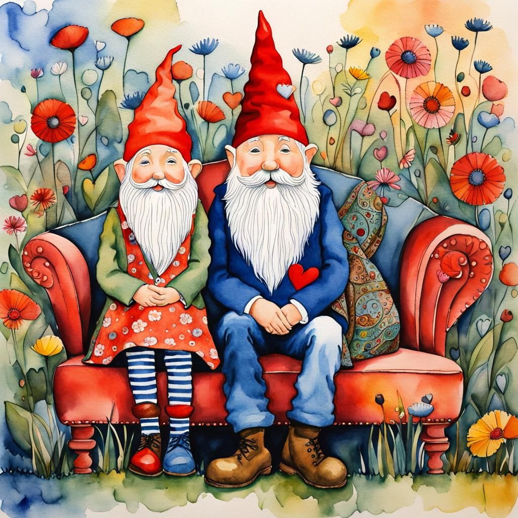 Endearing Gnome Couple in Love, Mixed Media