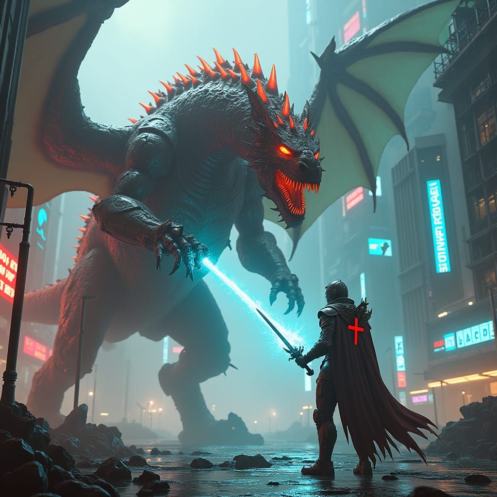 Cyberpunk Saint George Battles Wyvern in Dystopian Metropoli...