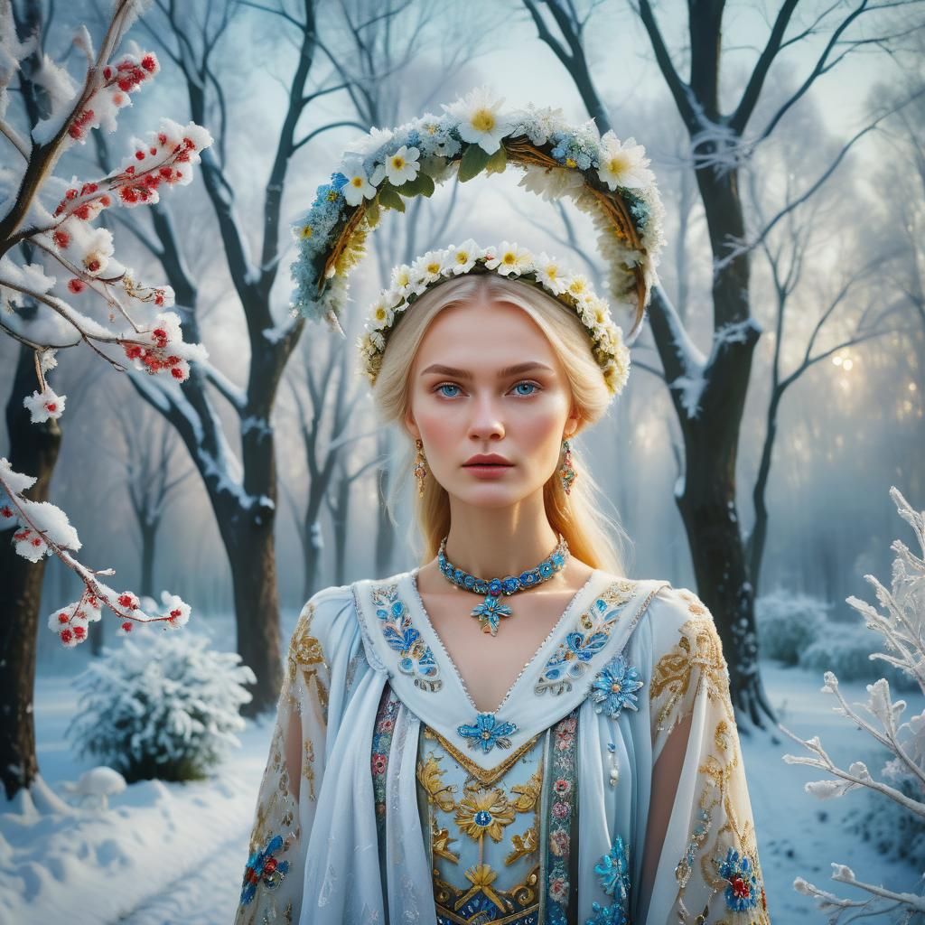 Slavic Model in Snowy Moscow Wonderland: Oil Painting