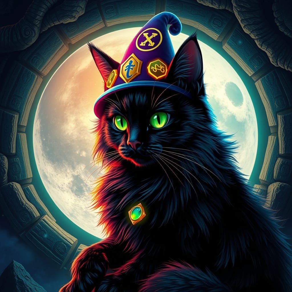 Majestic Black Cat in Neon Hat within Ancient Lunar Vault