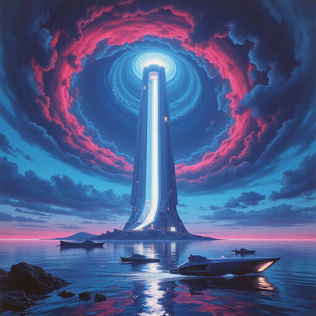 Futuristic Lighthouse Illuminates Cyberpunk Fleet