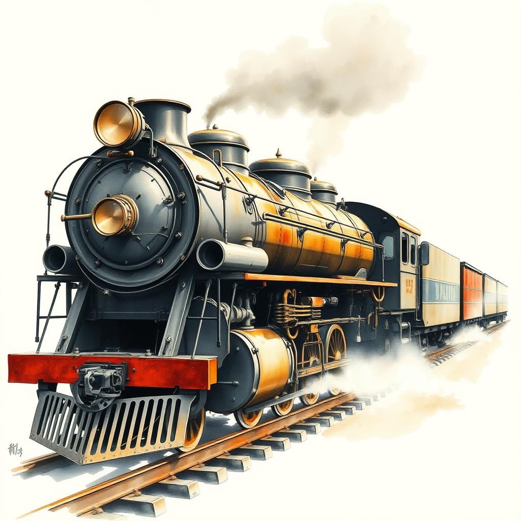 Watercolor Train Locomotive in Asian-Western Fusion Style