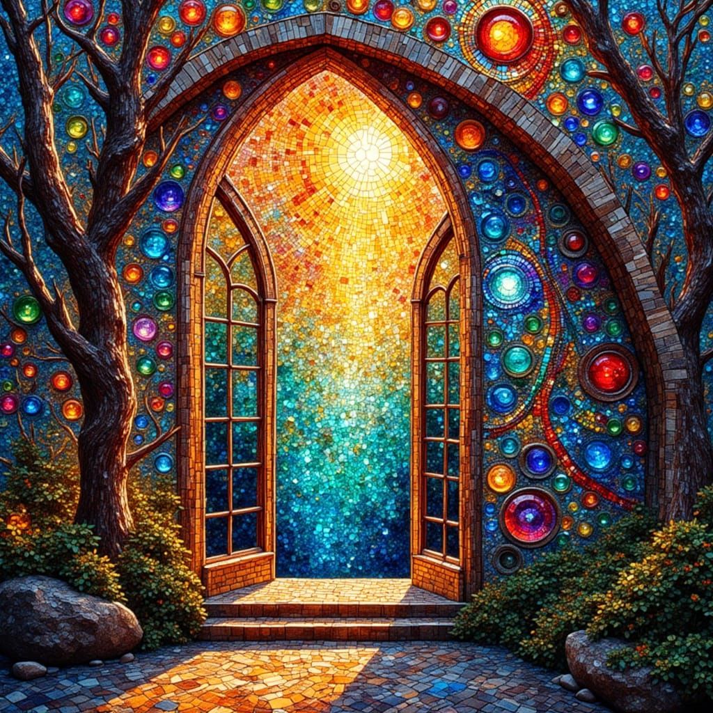 Kaleidoscope Window with Sunlight and Crystal Reflections