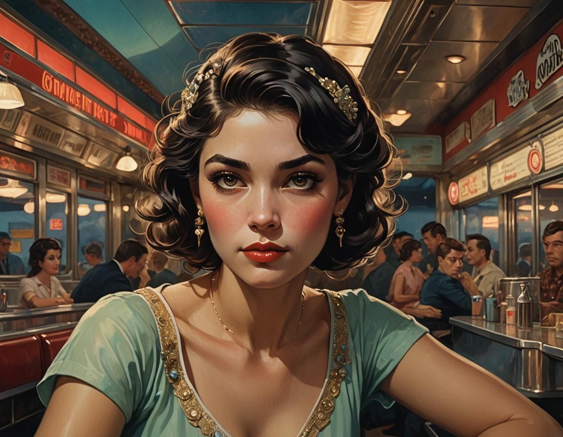 Glamorous Woman in a 1960s Diner, Hyperdetailed Art