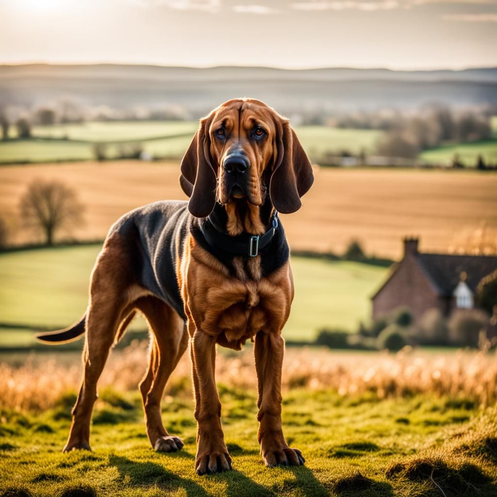 Bloodhound in Field with British Village