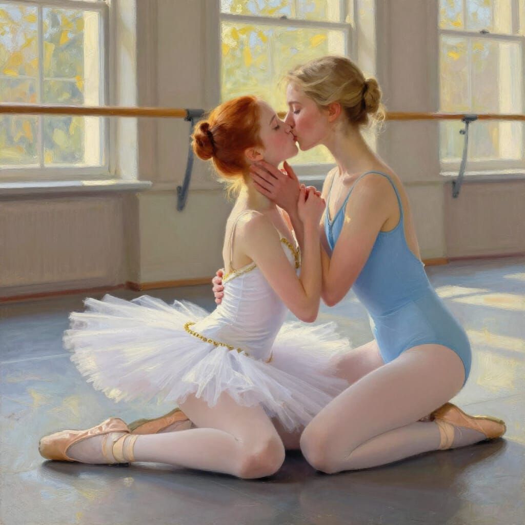 Ballerina Kiss in Sunlit Studio Oil Painting