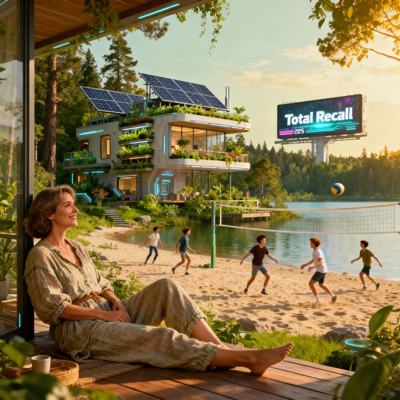 Solarpunk House by Lake in 2075 with Woman on Porch