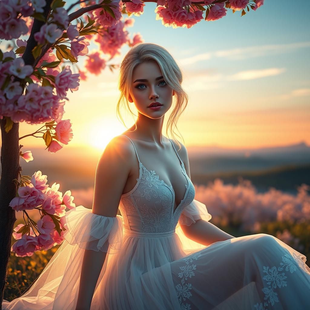 Woman in Cherry Blossoms at Sunset: Matte Painting