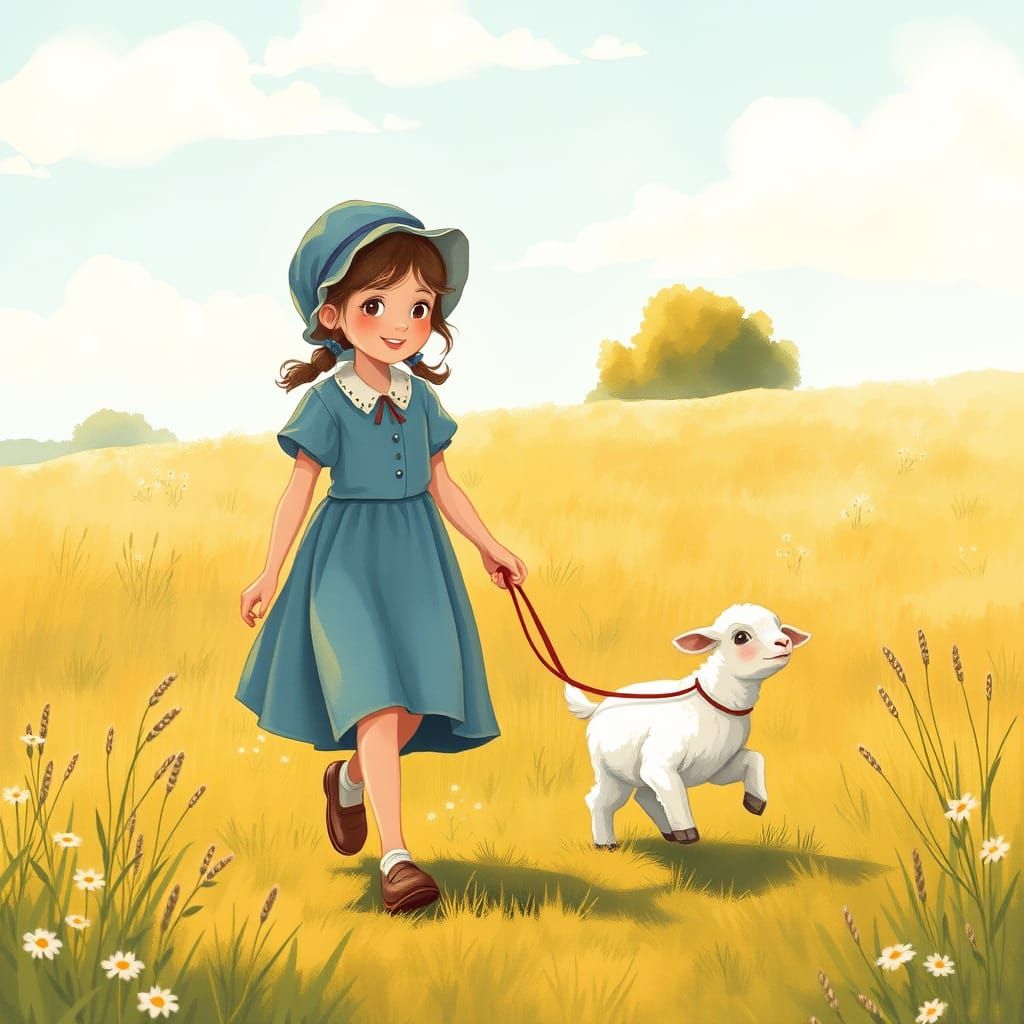 Mary and Lamb in Sun-Dappled Meadow Storybook Style