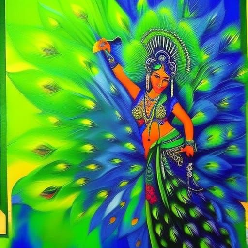 Goddess Sarasvati: Graffiti Art with Peacock Tail