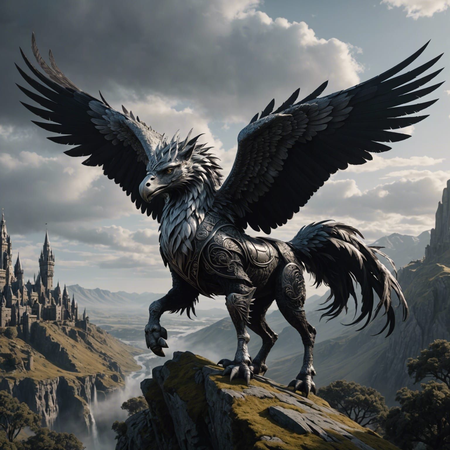 Detailed Silver and Black Hippogriff in Digital Painting