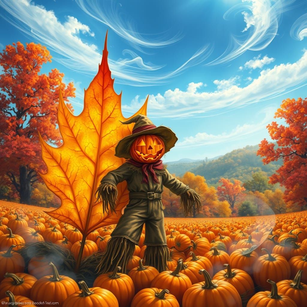 Autumn Leaf Masterpiece with Cheerful Scarecrow and Harvest ...