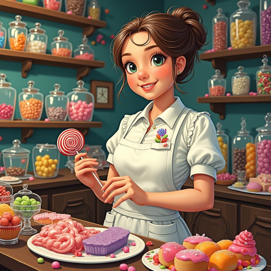 Surreal Candy Maker in Whimsical Old-Fashioned Candy Shop