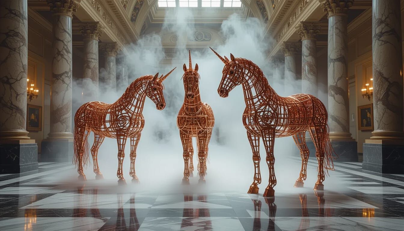 Ethereal Copper Horses in Museum, Fantasy Style