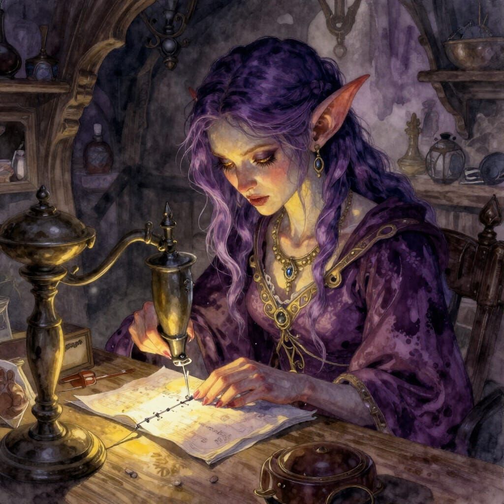 Female Goblin Sewing in Tavern Watercolor Art