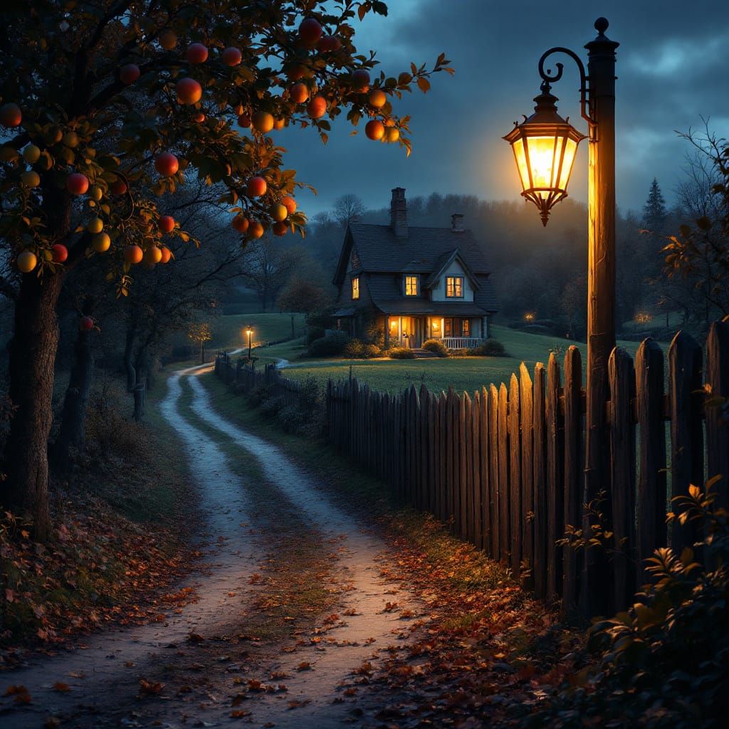 Cozy Village House at Night in Autumn