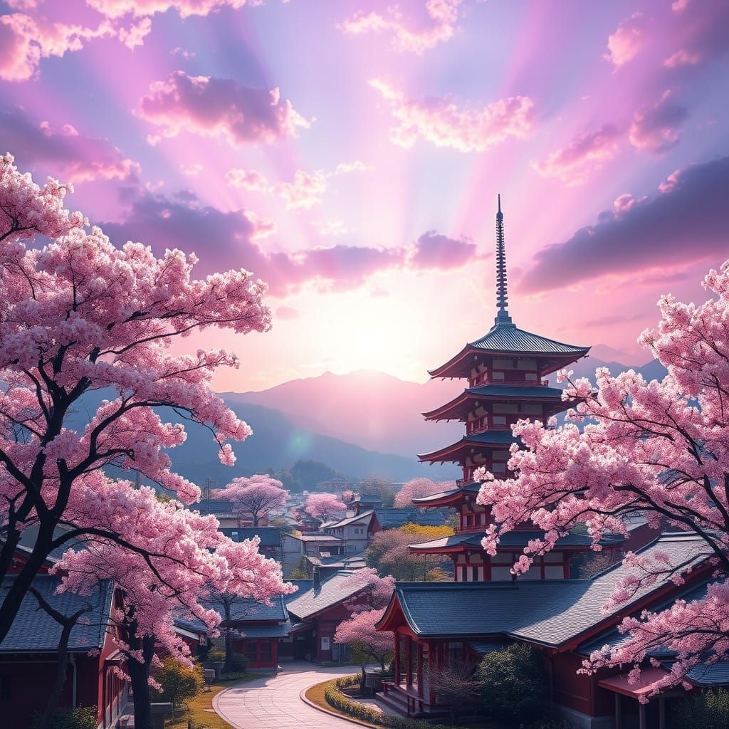 Blossoming Japanese Village with Cherry Blossoms and Pagoda