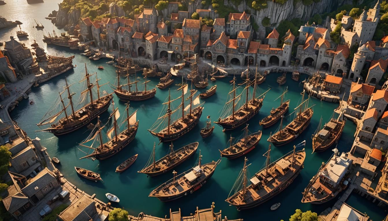 Fantasy Harbour Sunset with Pirate Ships