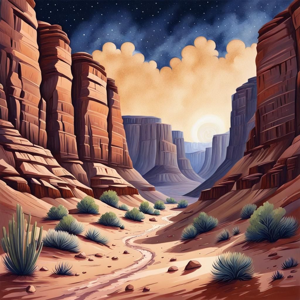 Starry Desert Canyon: Gouache Painting