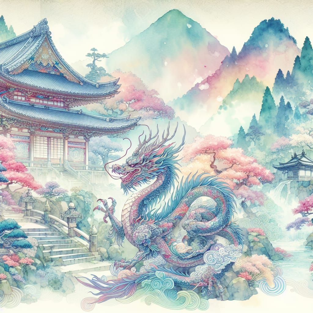 Pastel Dragon in Japanese Watercolor Landscape