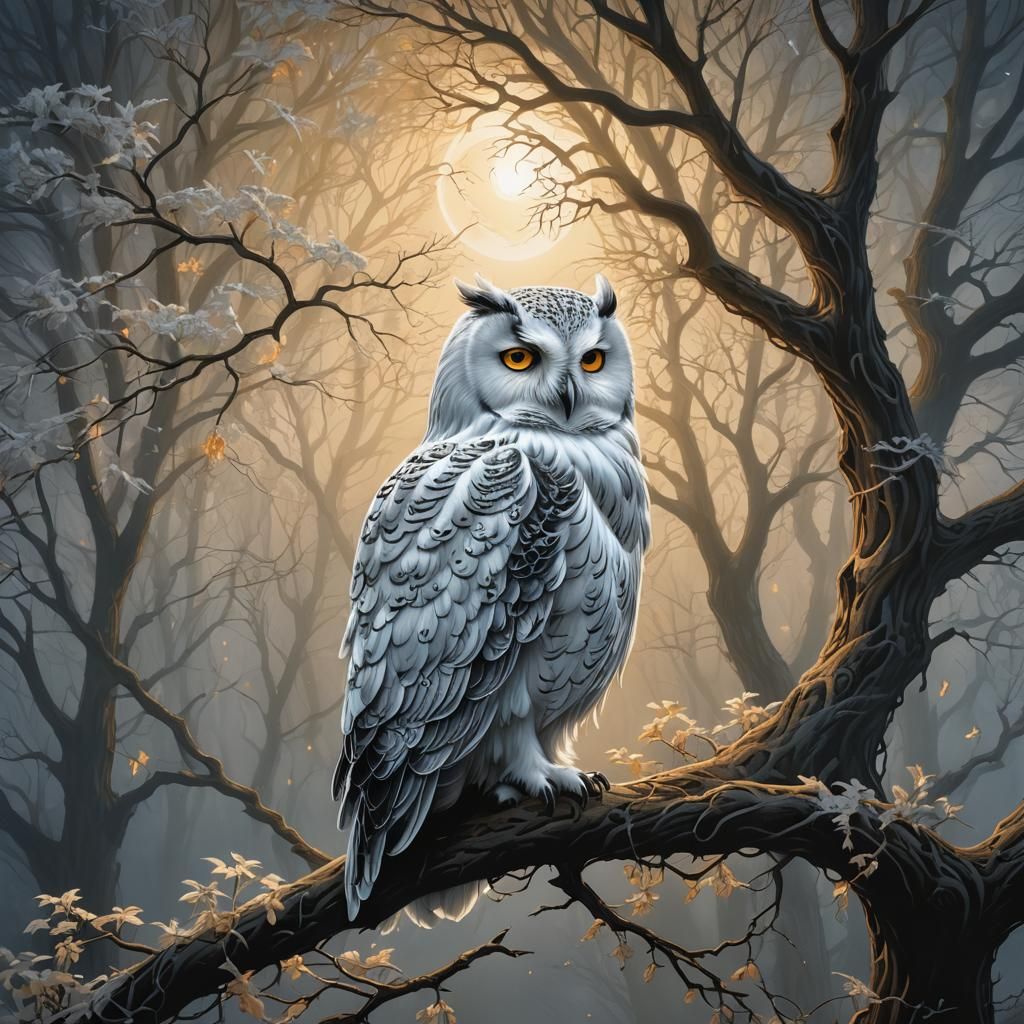 Ethereal Owl on Luminous Tree in Comic Book Style