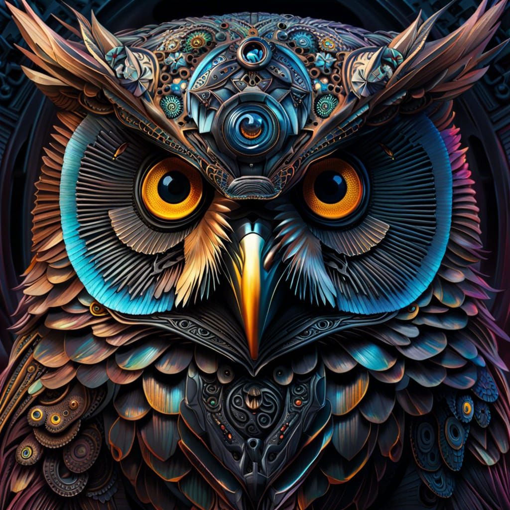 Demonic Techno Owl in Cyberpunk Style