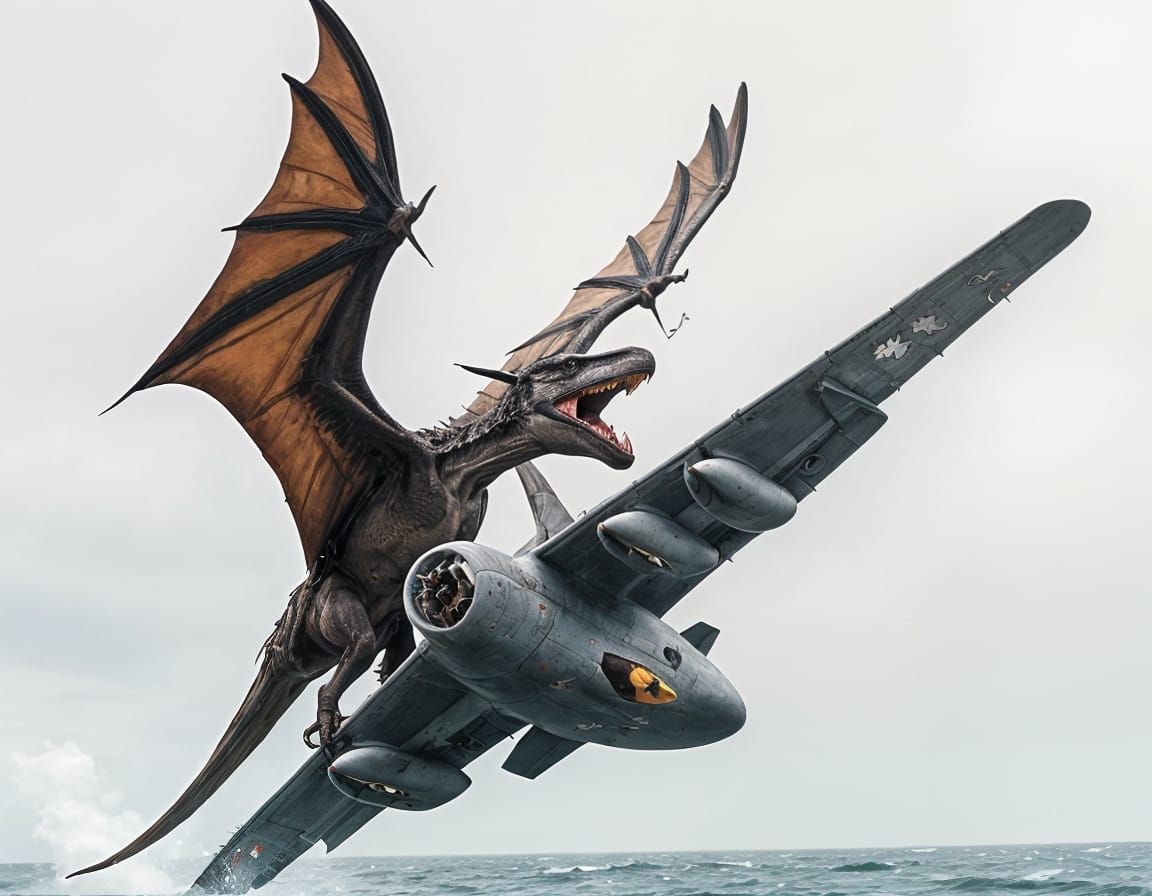 Pterodactyl Attacks Military Bomber in Cinematic Film Still