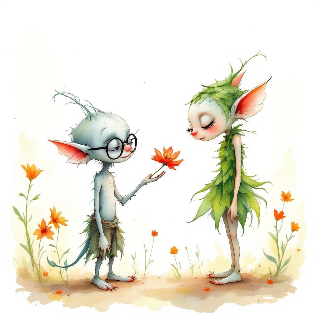 Goblin Couple Exchange Flowers in Watercolor Style