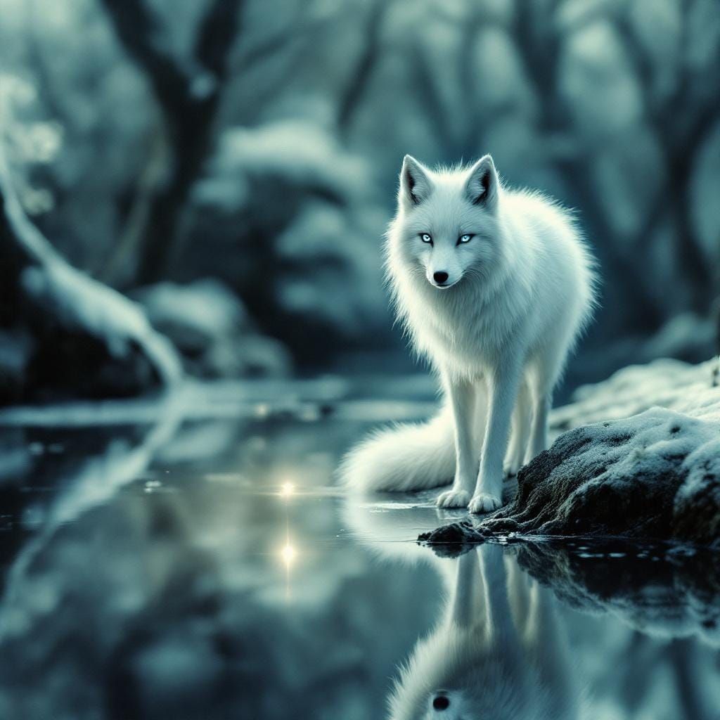 Ten-Tailed Fox Reflected in Serene Pool
