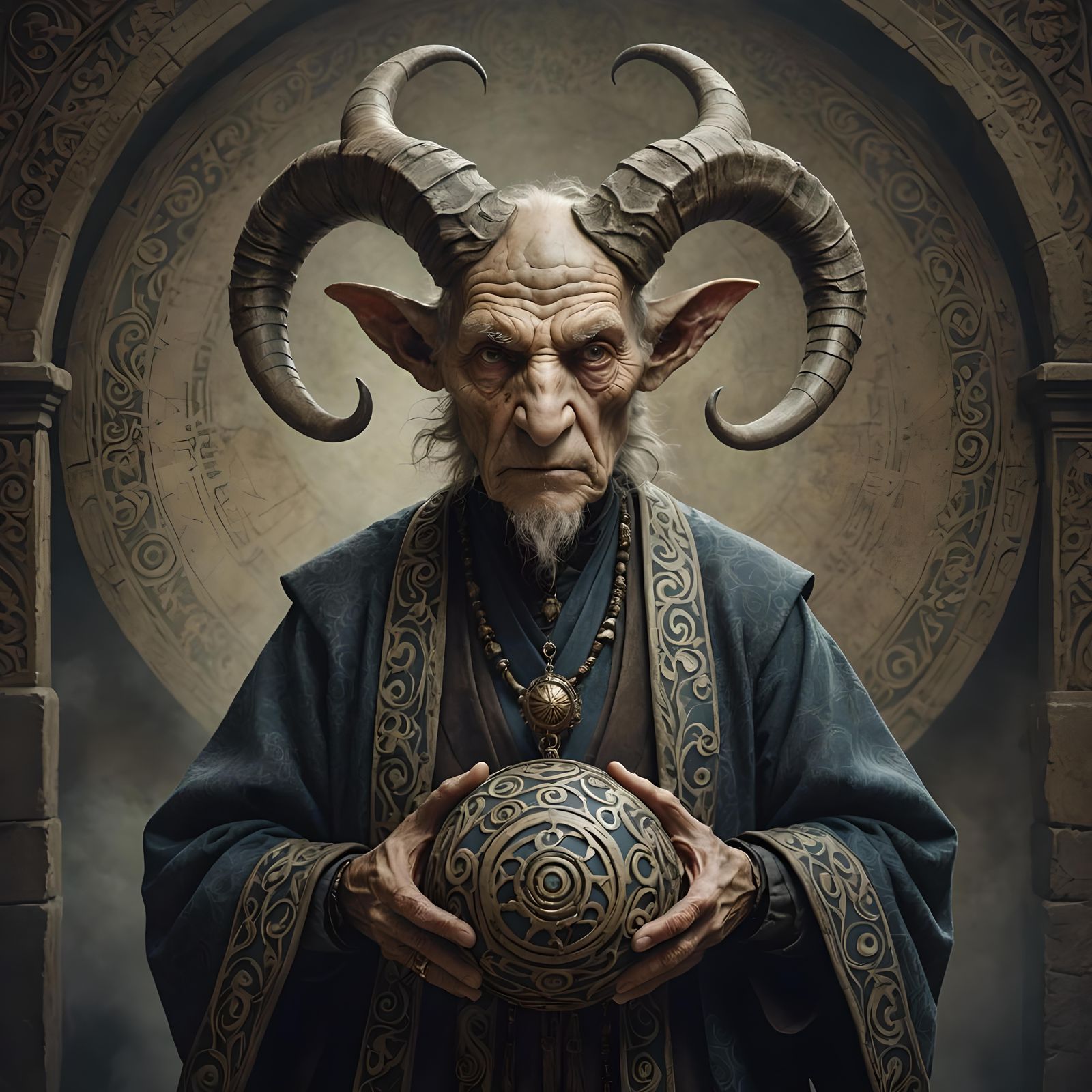 A fantastical, otherworldly creature resembling an elderly human, with exaggerated facial features, curled horns, and in...