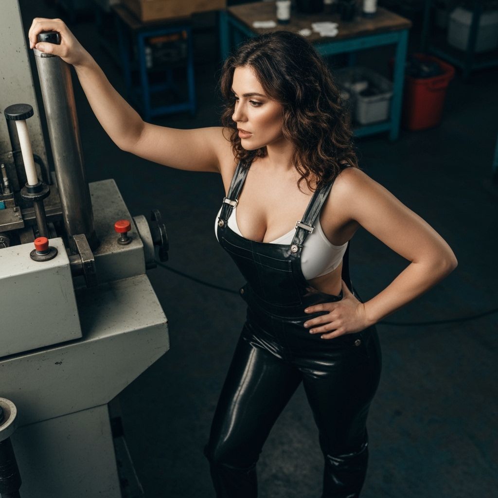 Confident Brunette in Latex Dungarees Working at Machine