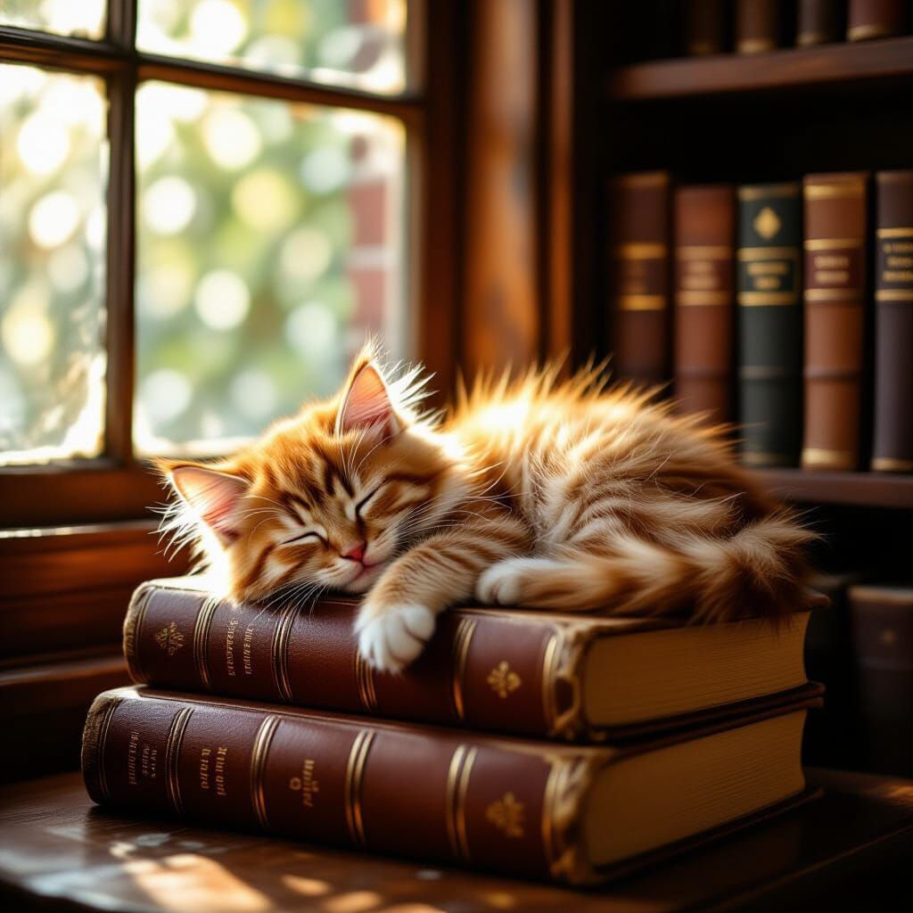 Fluffy Ginger Kitten Sleeps on Books in Sunlit Study