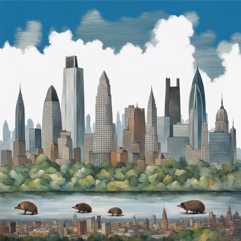 Hedgehog City Skyline in Combined Art Styles
