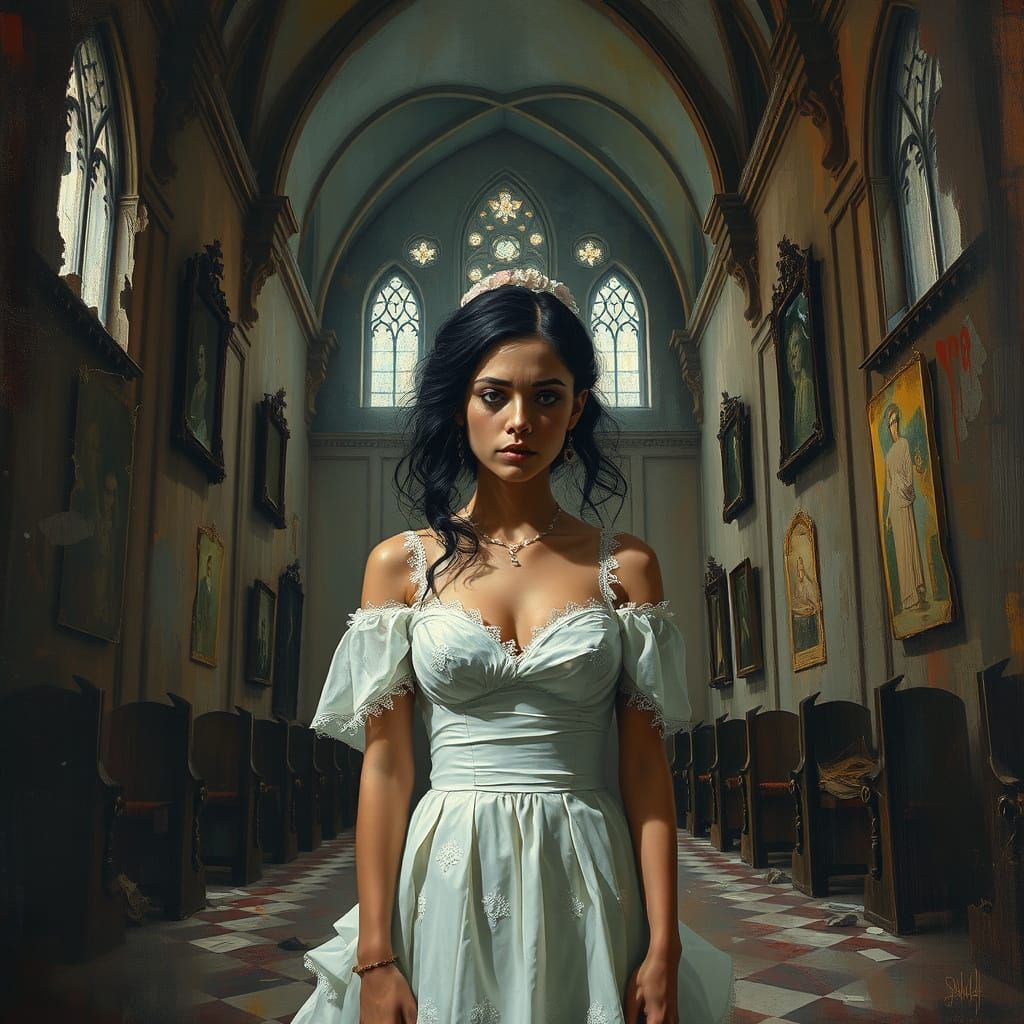 Melancholic Bride in Abandoned Church, Surrealist Style