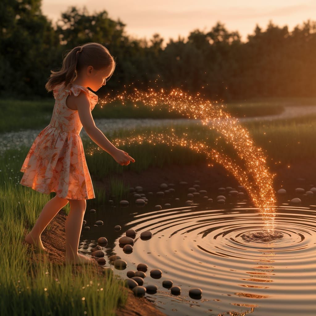 Girl Skips Fiery Stones on Serene Lake at Sunset