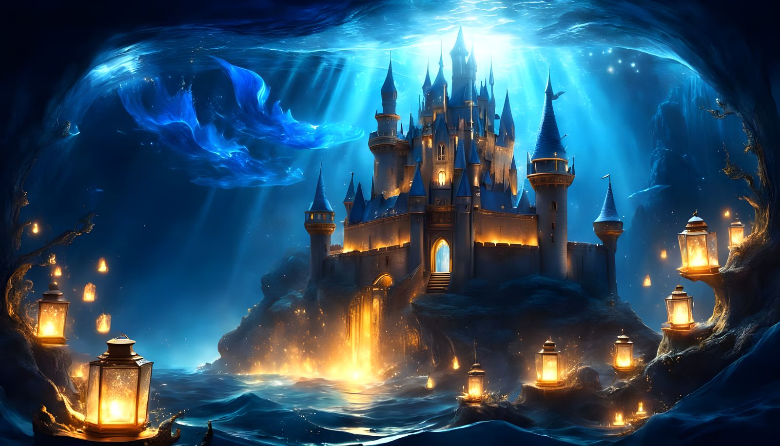 Glowing Glass Clamshell with Fantasy Castle in Ink-Wash Styl...