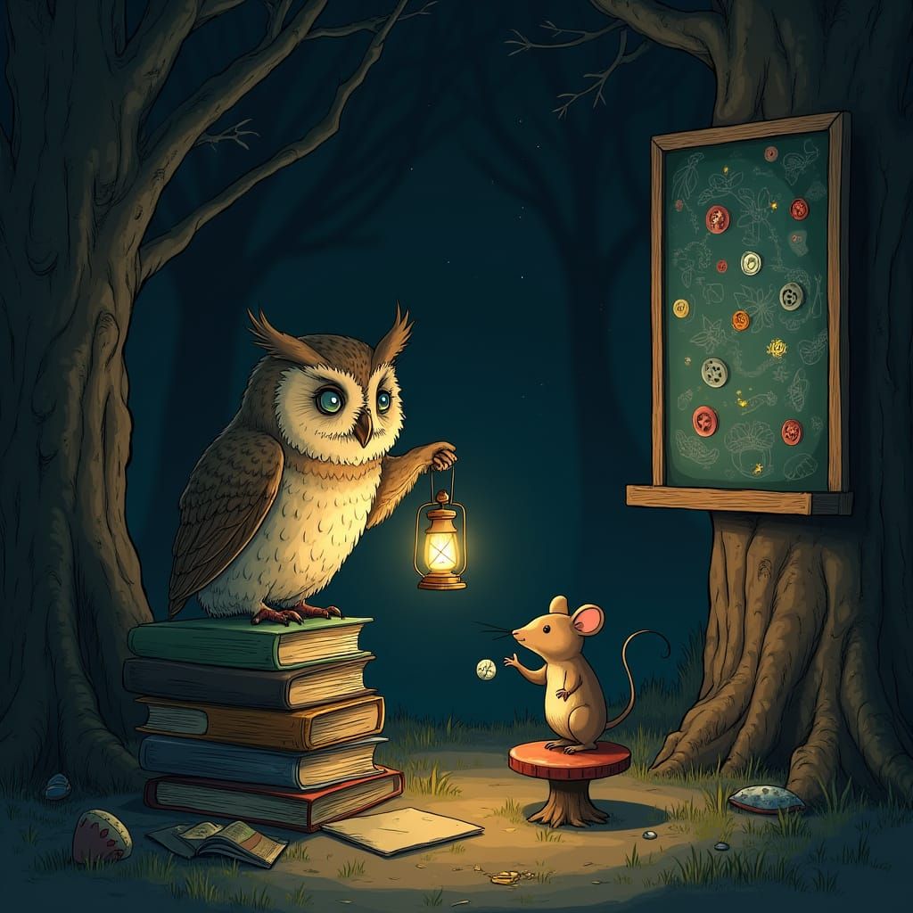 Whimsical Owl and Mouse Pact in Ancient Oak