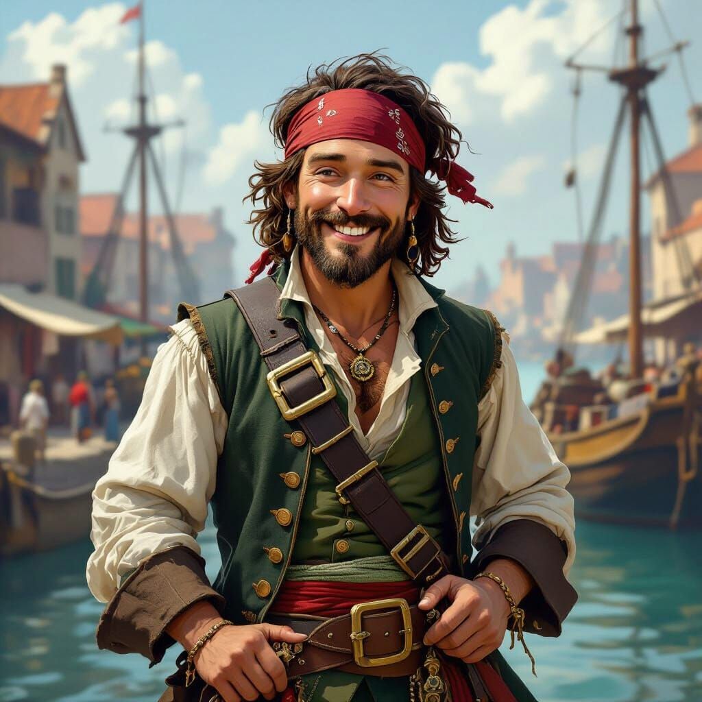 Jolly Pirate in Historic Harbour, Digital Art Style