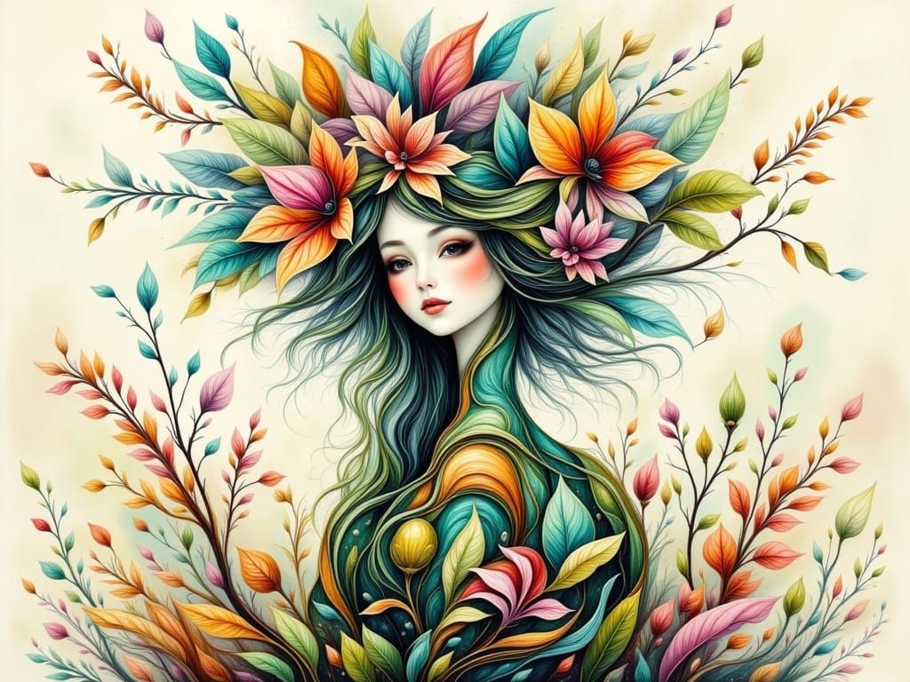 Mystical Forest Spirit Made of Flowers and Nature