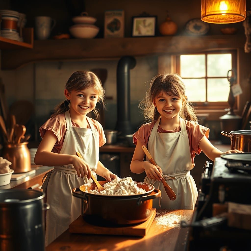 Girls in Cozy Home Kitchen with Woodstove and Copper Pots