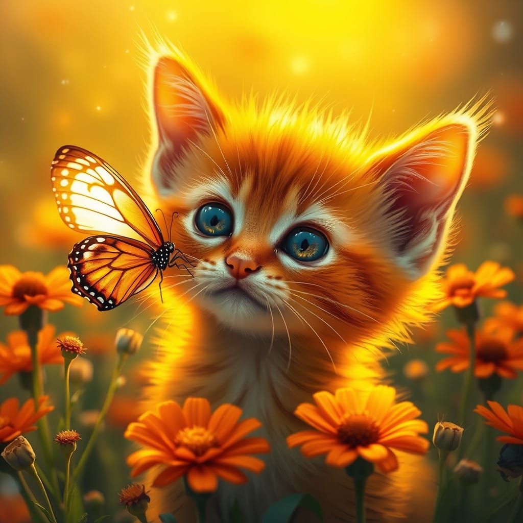 Whimsical Orange Kitten in Enchanted Meadow