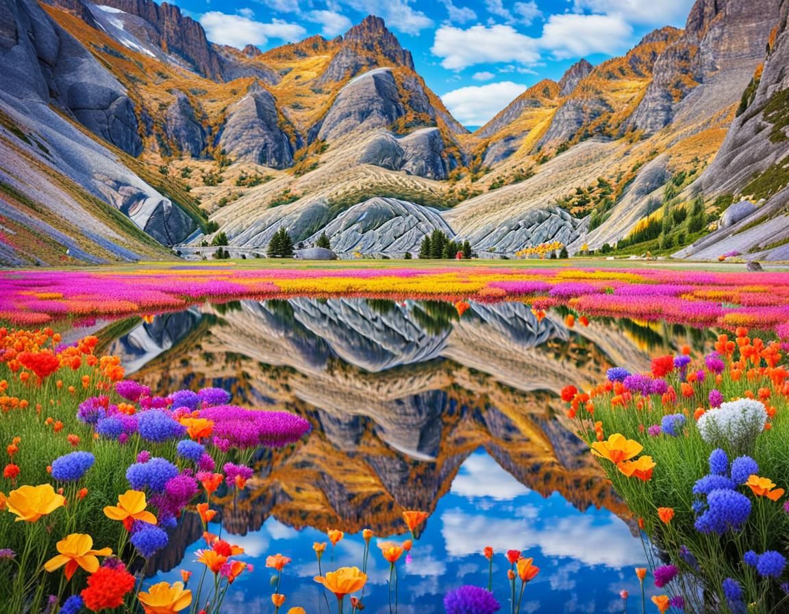 Impressionist Mountain Flowers Reflected in Mirror Lake
