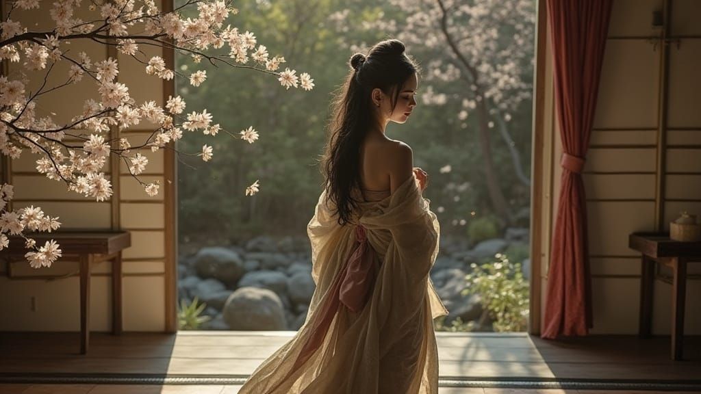 Geisha in Moonlit Garden with Falling Blossoms