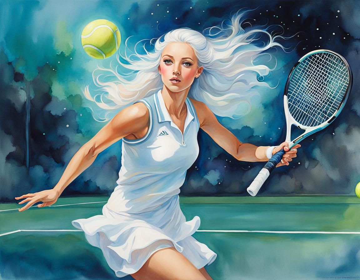 Ethereal Watercolour of Maiden Playing Tennis