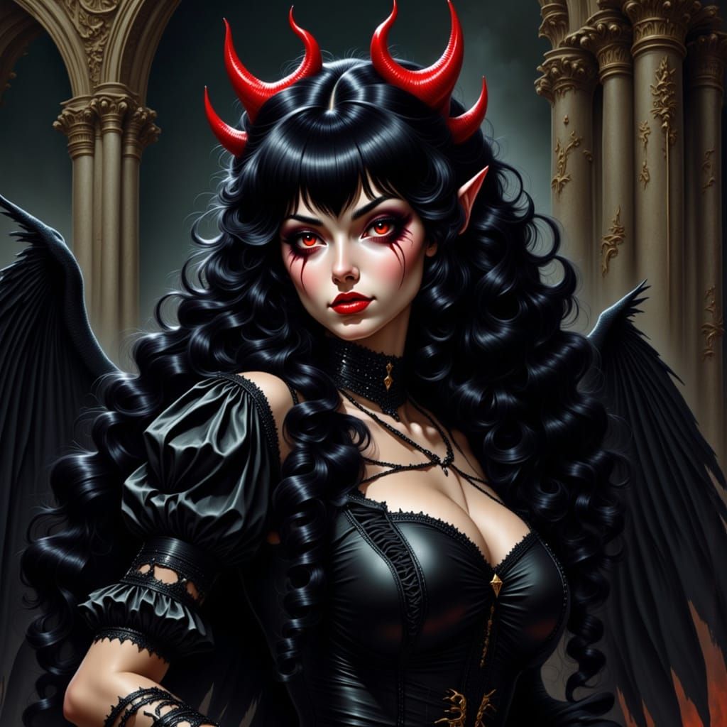 Gothic Maid with Devil Horns in Dark Fantasy Style